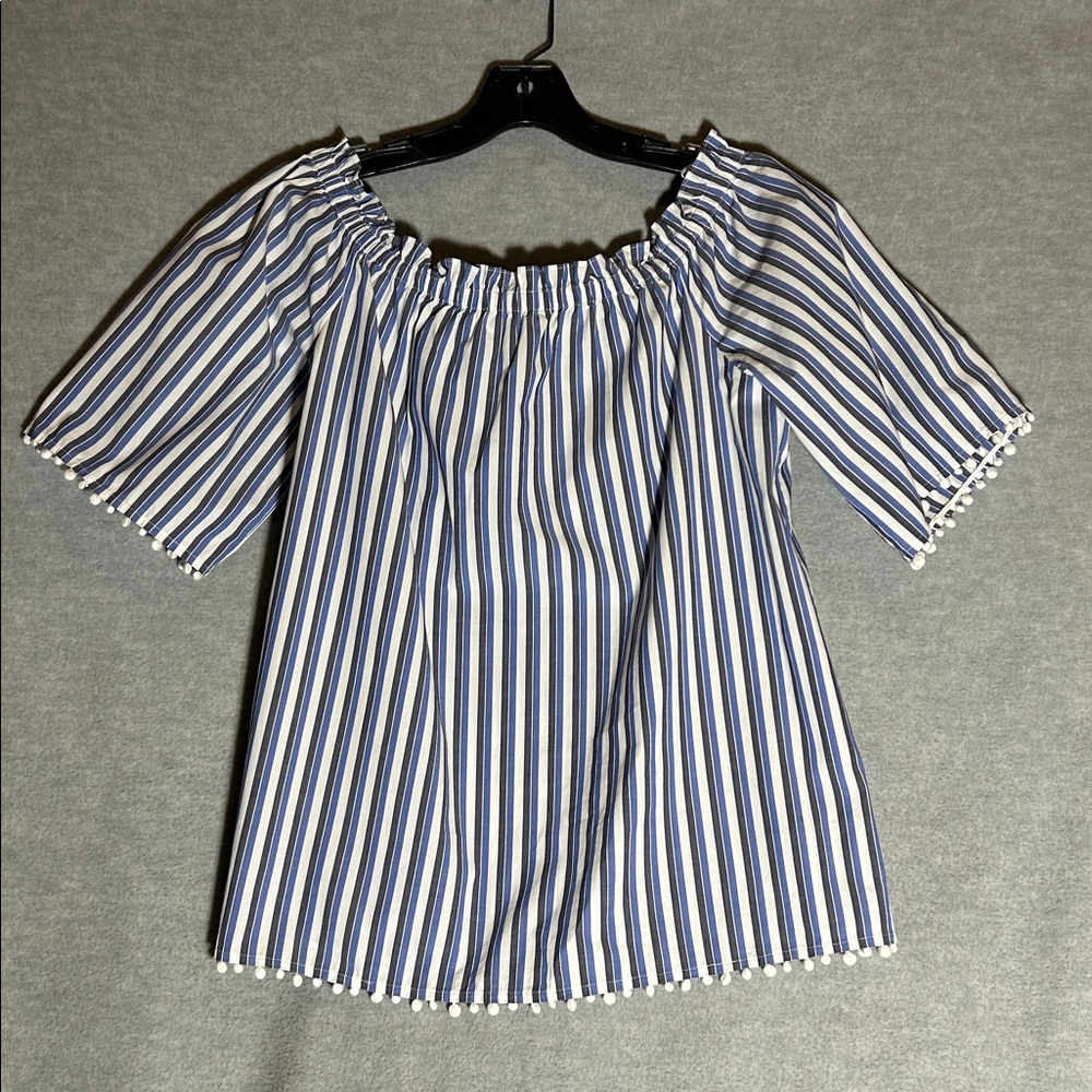TRINA TURK Casual Summer Blue and White Striped Boxy Fit Top with Pom Pom Trim